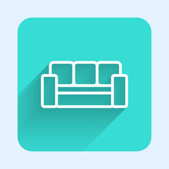 White line Sofa icon isolated with long shadow background. Green square button. Vector