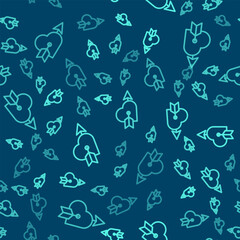 Green line Amour symbol with heart and arrow icon isolated seamless pattern on blue background. Love sign. Happy Valentines day. Vector