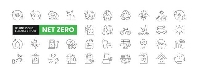 Set of 36 Net Zero line icons set. Net Zero outline icons with editable stroke collection. Includes Net Zero, Solar Energy, Wind Turbine, Carbon Footprint, Sustainability, and More. - obrazy, fototapety, plakaty