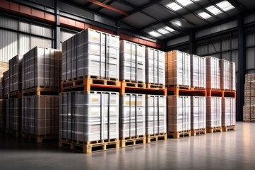 Packaging colorful Boxes Wrapped Plastic Stacked on Pallets in Storage Warehouse. Cartons Pallets Supply Chain. Inventory Shelf Storehouse Distribution. Cargo Shipping Supplies Warehouse Logistics.