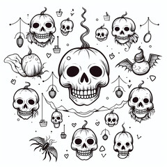 Fototapeta premium halloween pumpkin elements, coloring page, icons