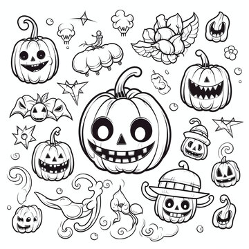 halloween pumpkin elements, coloring page, icons