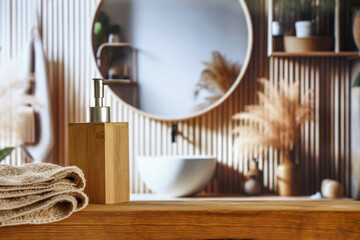 Table background and bathroom interior. Free space for your products. Home interior. Boho style. 