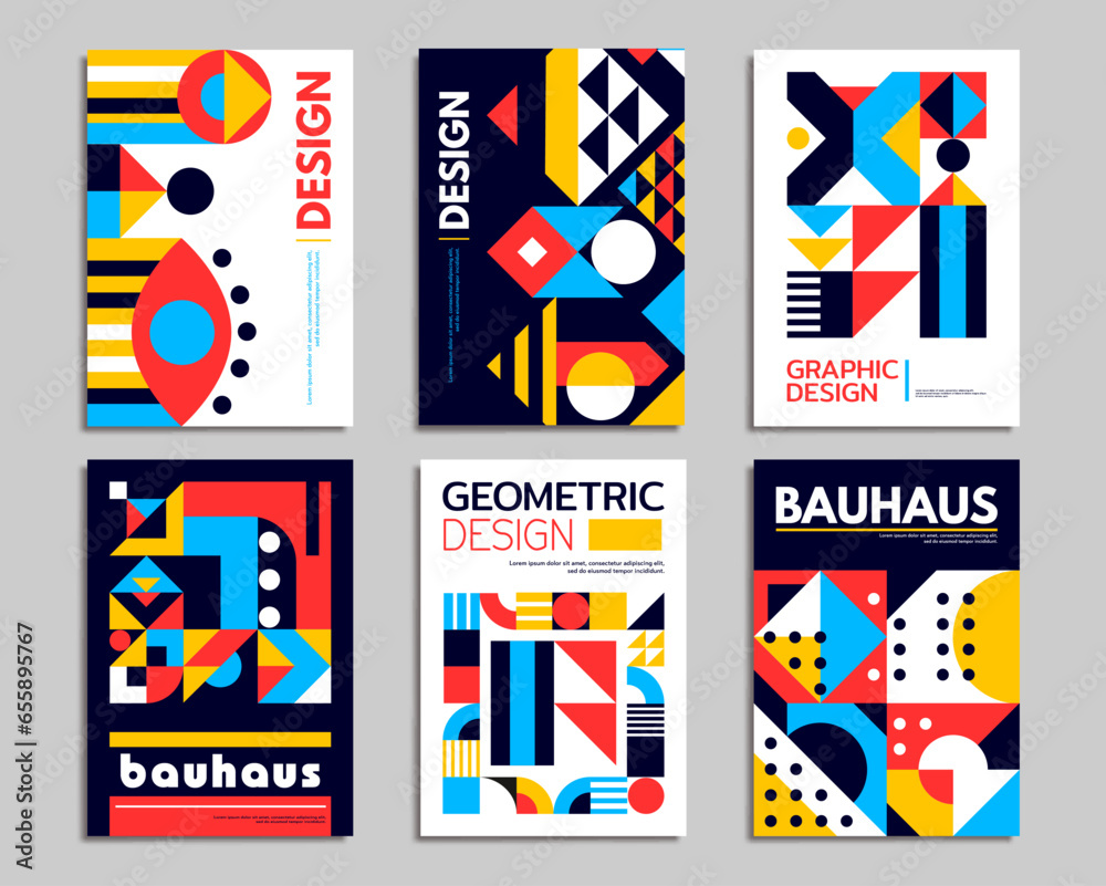 Aufkleber Modern abstract bauhaus posters. Geometric pattern of minimal vector graphic background with color circles, squares and triangles. Retro bauhaus pattern with collage of simple geometric shapes