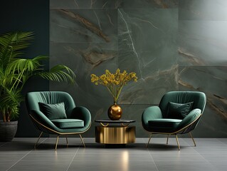 interior design of two couple modern sofa chair in dark green color with wall decoration and gold accent. can be use for copy space, mock up, quotes, wallpaper
