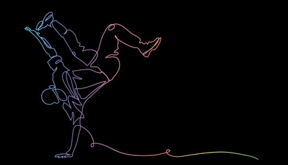 Fototapeta premium Breakdance, street dance vector illustration. One continuous line art drawing of breakdance pose. Colorful image on black background