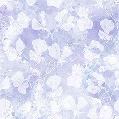 Mouse pea flowers. Seamless pattern with flower silhouettes on lilac watercolor background.  Vector illustration. Perfect for design templates, wallpaper, wrapping, fabric and textile.