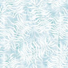 Seamless art pattern with wild grass on blue watercolor background.  Vector illustration. Perfect for design templates, wallpaper, wrapping, fabric and textile.