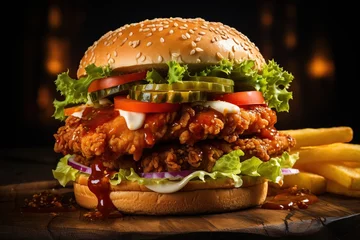 Fototapete Pantone 2022 Very Peri Chicken burger lettuce tomato cheese crispy , burger background, Generative Ai   © Amir