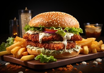 Chicken burger lettuce tomato cheese crispy , burger background, Generative Ai 