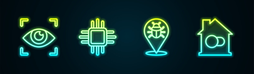 Set line Eye scan, Processor with microcircuits CPU, System bug and Smart home. Glowing neon icon. Vector