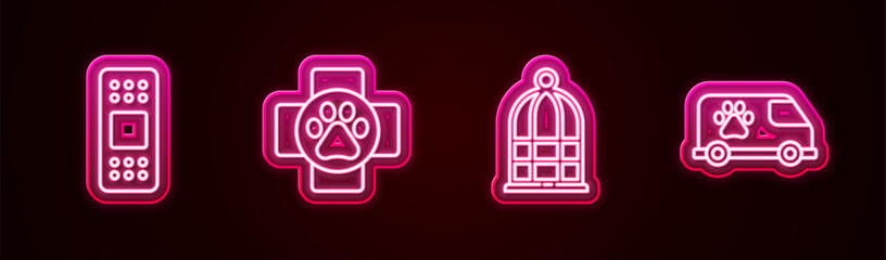 Set line Bandage plaster, Veterinary clinic, Cage for birds and ambulance. Glowing neon icon. Vector