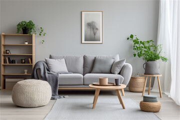 Interior design of cozy living room with stylish sofa, coffee table, green plants, rug, decoration in modern home decor