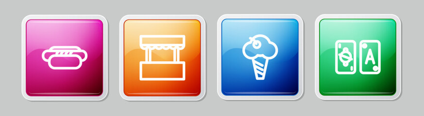 Set line Hotdog, Ticket box office, Ice cream in waffle cone and Tarot cards. Colorful square button. Vector