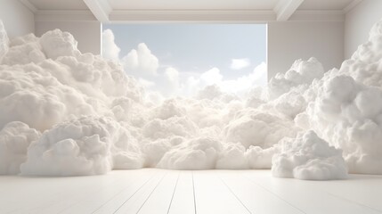 Generative AI, White blue fantastic 3d clouds in the room interior, sky and landscape. Gentle colors and with bright lights..	