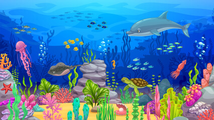 Cartoon ocean underwater landscape with dolphin, turtle and fish shoals, vector background. Jellyfish, squid and stingray between seaweeds in undersea coral reef landscape for arcade game level