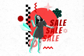 Collage poster picture of cheerful happy girl dancing rejoicing super mega sale isolated on drawing...