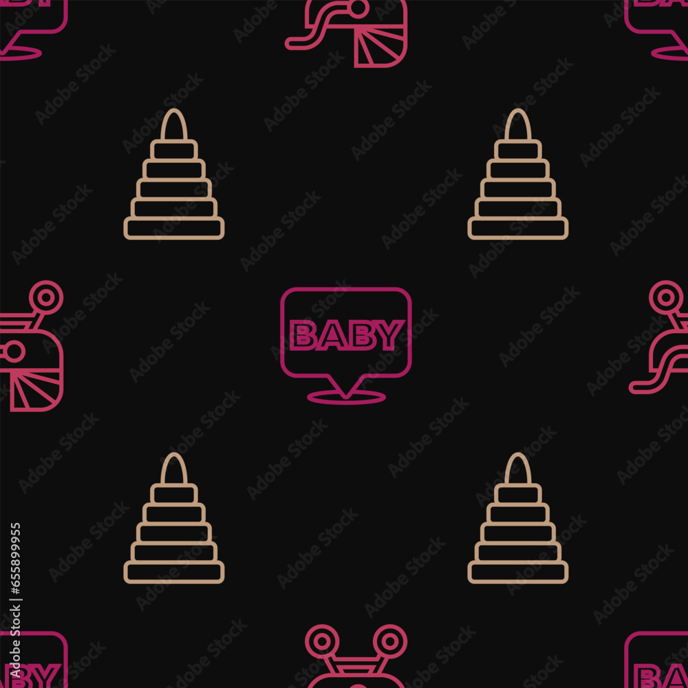 Poster Set line Baby stroller, Pyramid toy and on seamless pattern. Vector