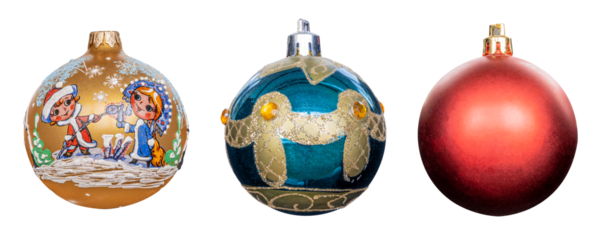 Vintage multi-colored glass and plastic Christmas tree toys gray, red, blue, green, gold close-up isolated on transparent background, set of 3