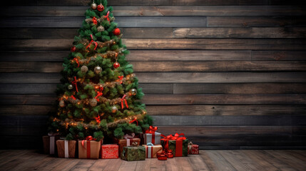 Rustic Elegance of Christmas. A Traditional Christmas Tree Adorns a Rustic Wooden Background, Creating a Cozy and Heartwarming Holiday Scene. Rustic Holiday Beauty

