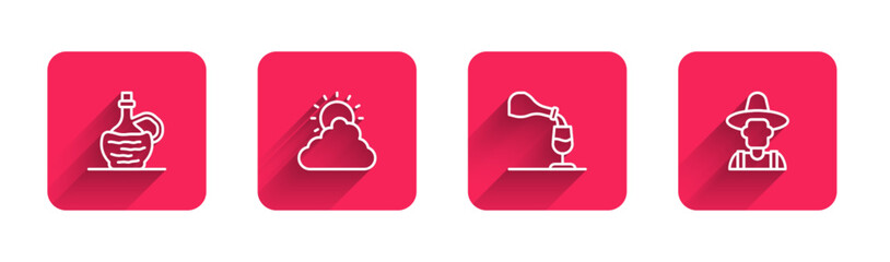 Set line Wine in italian fiasco bottle, Sun and cloud weather, tasting, degustation and Farmer hat with long shadow. Red square button. Vector