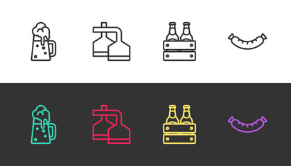 Set line Wooden beer mug, Beer brewing process, Pack of bottles and Sausage on black and white. Vector