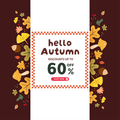 Autumn leaves pattern with hello autumn sale banner illustration, vector, shopping, flash sale and big sale