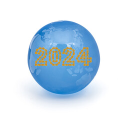 Blue crystal earth on white background with 2024 Happy New Year made from chain links
