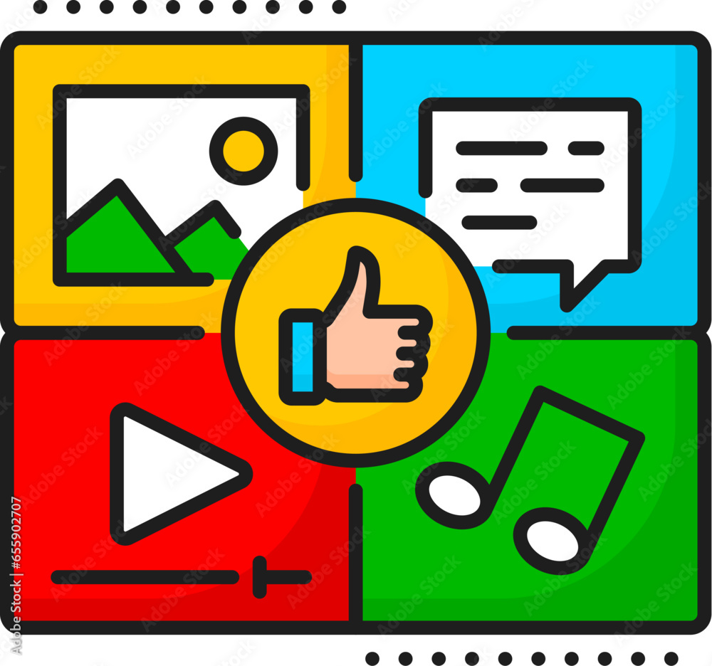 Poster quality content, sem search engine marketing color icon for content panel, outline vector. website a