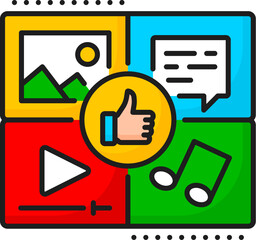 Quality content, SEM search engine marketing color icon for content panel, outline vector. Website and digital media content pictogram with photo, video or music icons for SEM or SEO online content