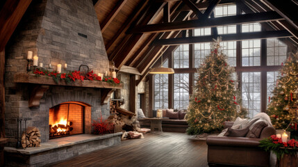 Rustic Elegance of Christmas. Embrace the Cozy Charm of the Season in a Living Room with Christmas Garland Gracing the Wooden Roof, Bringing Comfort, Tradition, and Festive Homeyness.