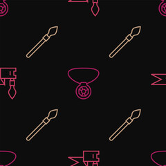 Set line Medieval spear, and Necklace with gem on seamless pattern. Vector