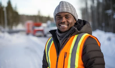 Foto op Canvas Portrait of smiling African American man wearing safety vest and winter clothes, looking at camera © DenisNata