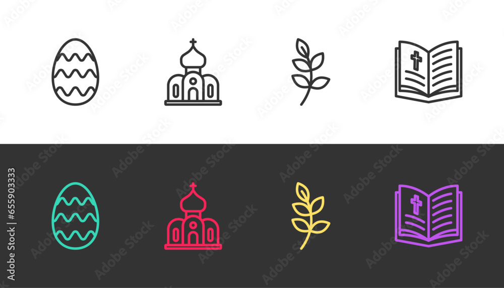 Wall mural Set line Easter egg, Church building, Willow leaf and Holy bible book on black and white. Vector