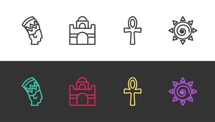 Set line Nefertiti, Egyptian house, Cross ankh and Sun on black and white. Vector