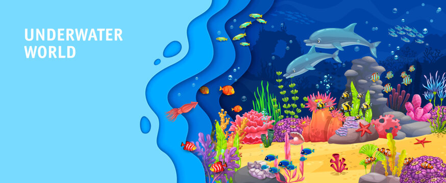 Landing page with cartoon dolphins in sea, paper cut underwater landscape, vector website template. Ocean or undersea papercut landscape background with coral reef fishes and seaweeds for landing page