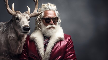 Fashionable African American man wearing suit, tie and sunglasses, with grey hair and beard sitting and posing with reindeer. Minimal concept of Santa Claus, Christmas and New Year season. Copy space