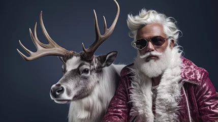 Fototapeten African American man with grey hair and beard sitting and posing with reindeer. Minimal concept of Santa Claus, Christmas and New Year season © Nata