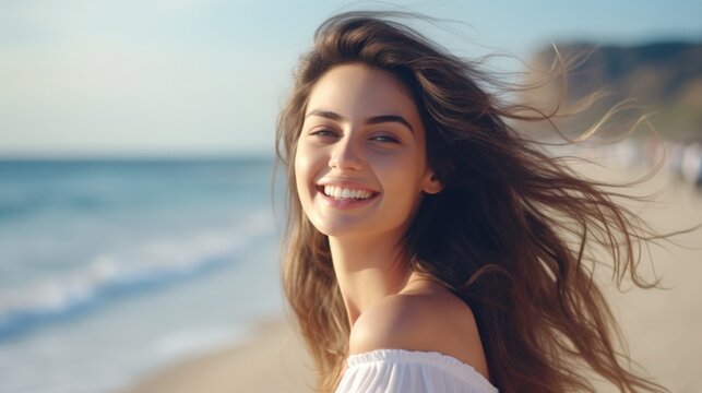 young woman with a good figure Beautiful, cute and smart Smile happily and relax. On the beautiful beach in the morning