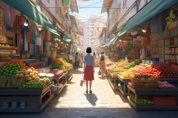 Obraz premium Woman shopping in the street market, full of fresh fruits and vegetables
