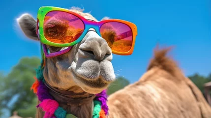 Keuken spatwand met foto Funny camel in sunglasses on Holi festival of colors in India, close up portrait. © DenisNata