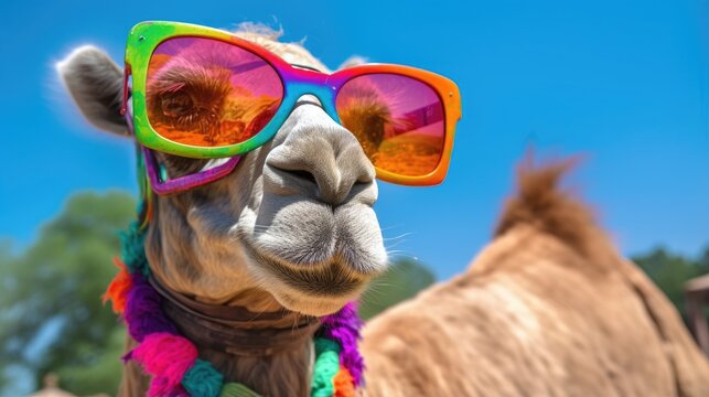 Funny camel in sunglasses on Holi festival of colors in India, close up portrait.