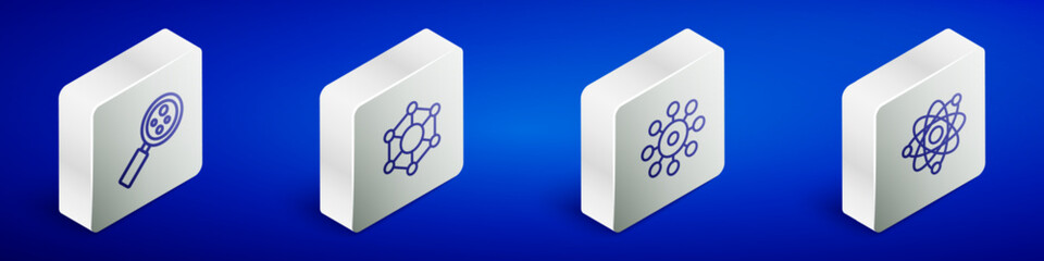 Set Isometric line Microorganisms under magnifier, Molecule, Virus and Atom icon. Vector