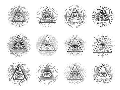 Illuminati eyes and mason pyramid triangles, providence and occult vector symbols. Freemasonry signs and secret society icons of mason pyramids with providence eye for esoteric alchemy and magic