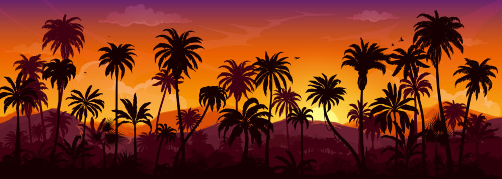 Tropical jungle sunrise or sunset forest landscape palm silhouettes. Vector background of exotic island nature panorama with mountain hills, yellow sun and sky, rainforest palm trees and plants