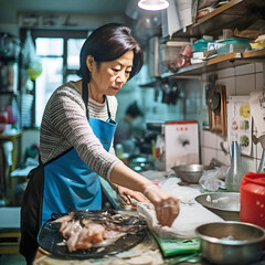 Asian lady cooking. AI generated.