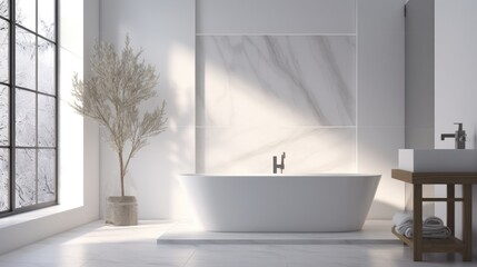 Fototapeta premium Bathtub, luxurious bathroom, beautiful view outside.