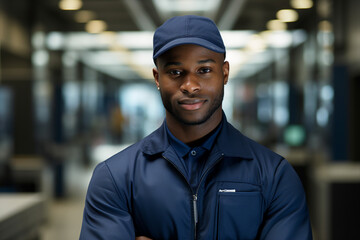 Generative AI photo of male professional postman wear uniform working in the warehouse
