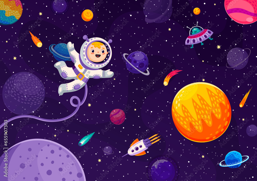 Aufkleber cartoon funny kid astronaut in outer space with galaxy planets, ufo and starship, vector background.