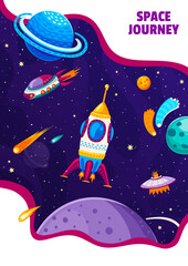 Space poster. Cartoon spaceships flying in starry galaxy space with planets, comets and stars. Vector rocket, shuttle, alien UFO and starship on dark sky background of galaxy universe, cosmic journey